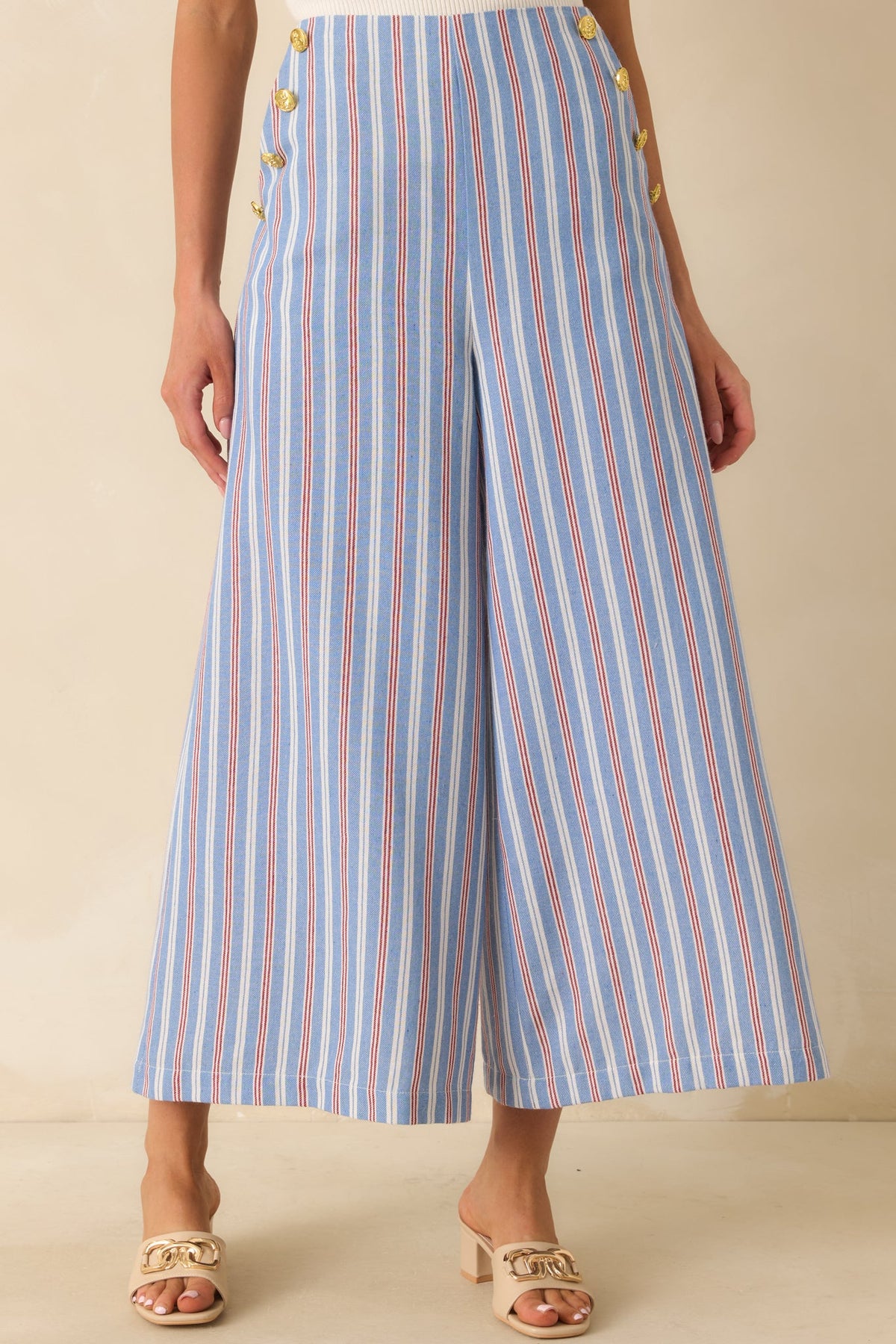 Prosperina Deitrich Blue & Red Stripe Wide Leg Cotton Blend Pants