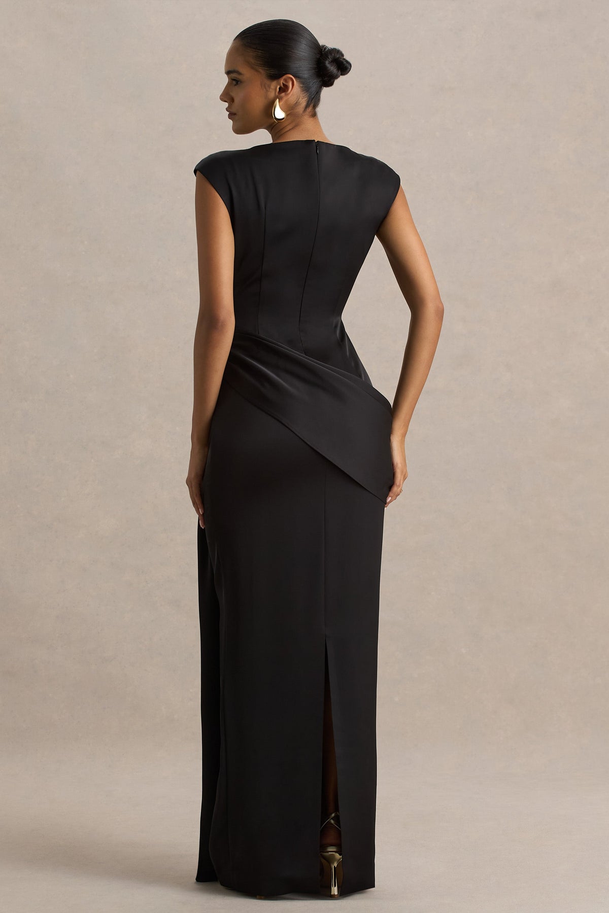 Influence | Black Satin Slashed-Neck Maxi Dress With Embellished Detail And Sash