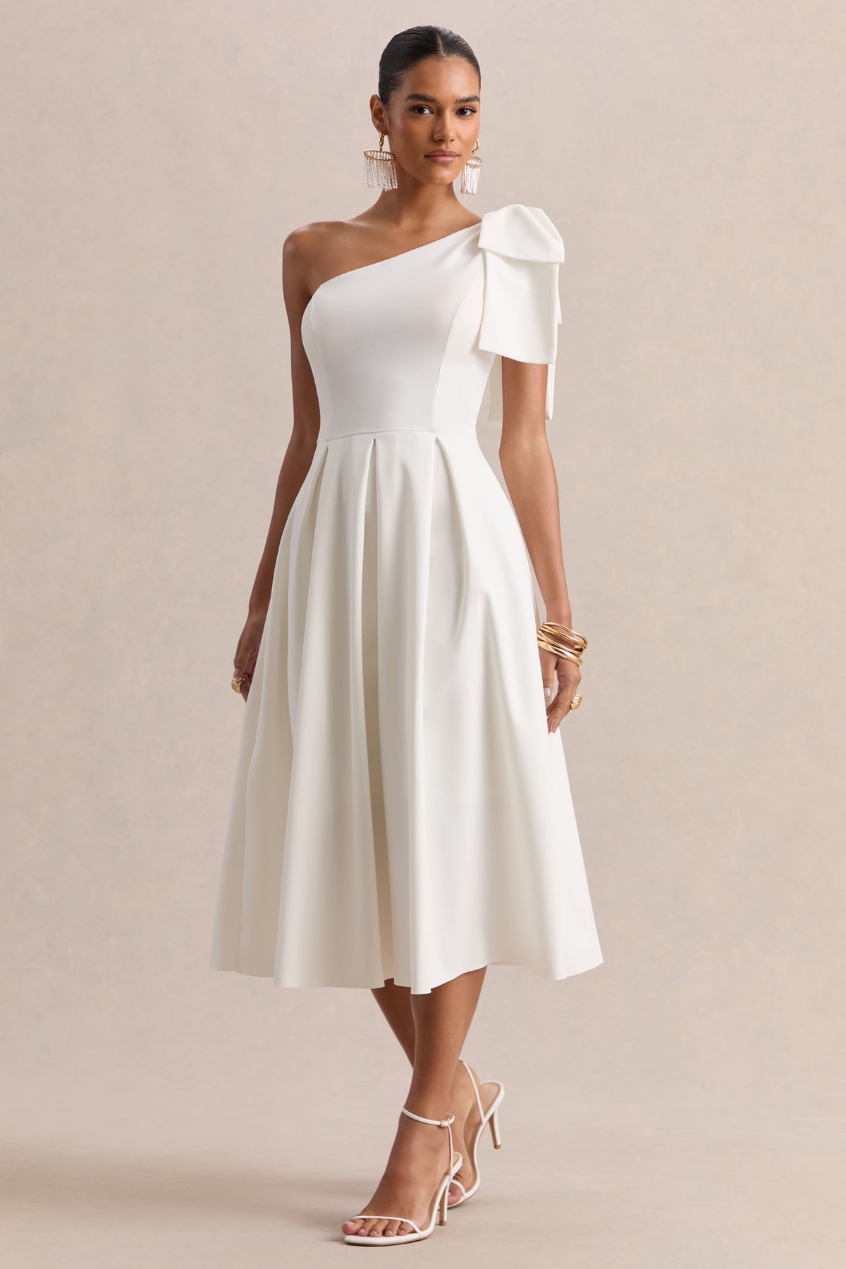 Meria | White Asymmetric-Neck Midi Dress With Bow-Sleeve