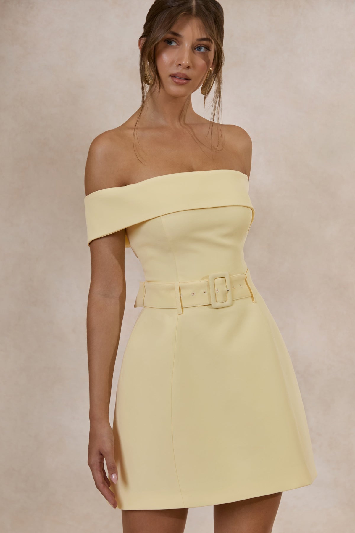 Cilly | Lemon Bardot-Neck Mini-Dress With Belt-Detail