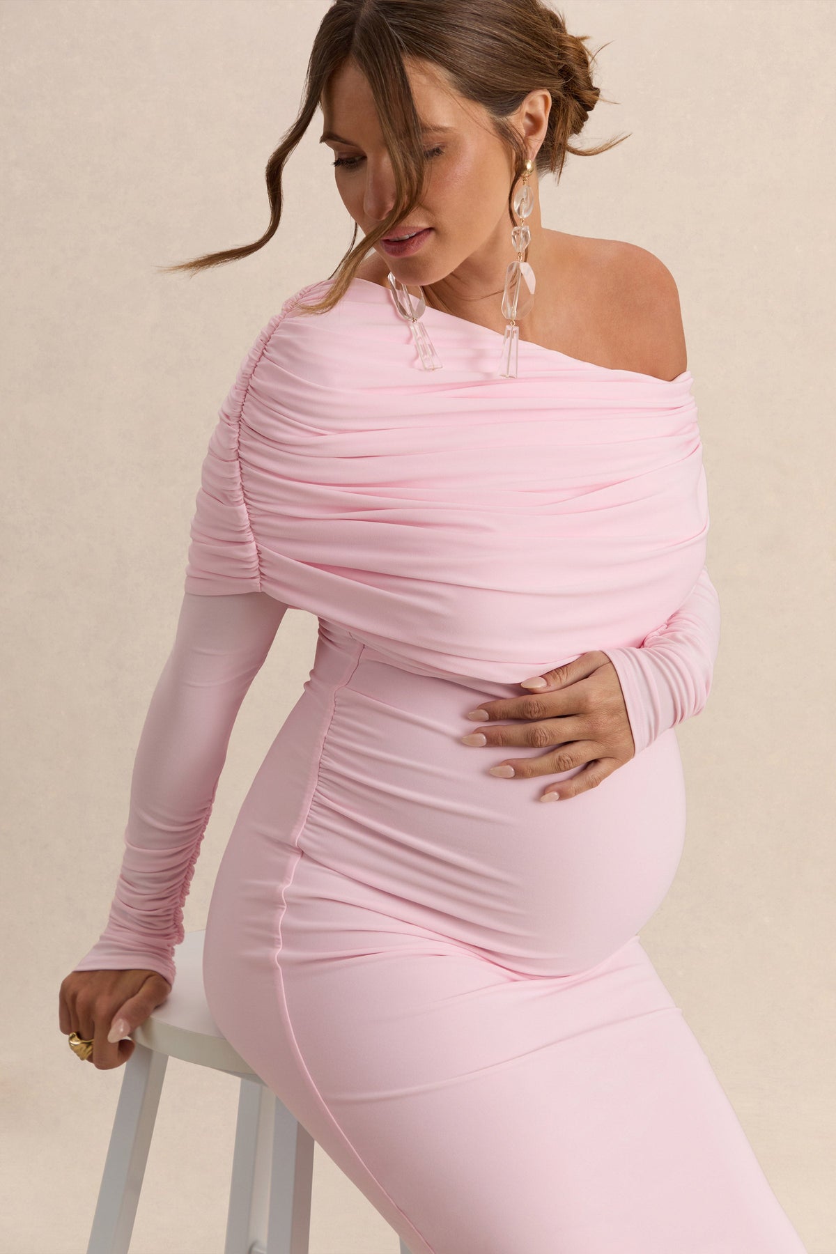 Carleigh | Light Pink Asymmetric-Neck Maternity Maxi Dress With Draped Detailing
