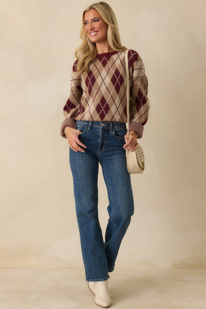 No Place Like Home Burgundy Multi Argyle Knit Sweater