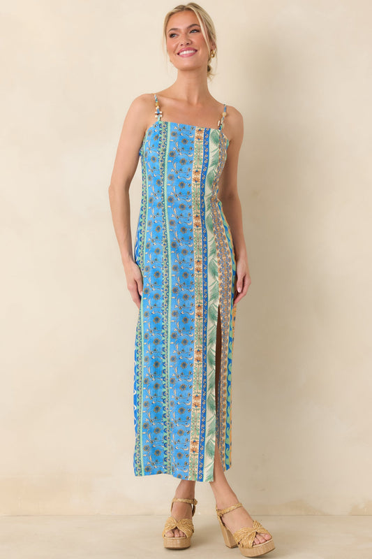 Sipping Under the Palms Blue Multi Tropical Print Bead Detail Midi Dress