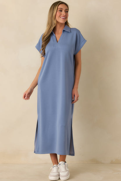 Made The Right Call Chambray Blue Collared Midi T-Shirt Dress