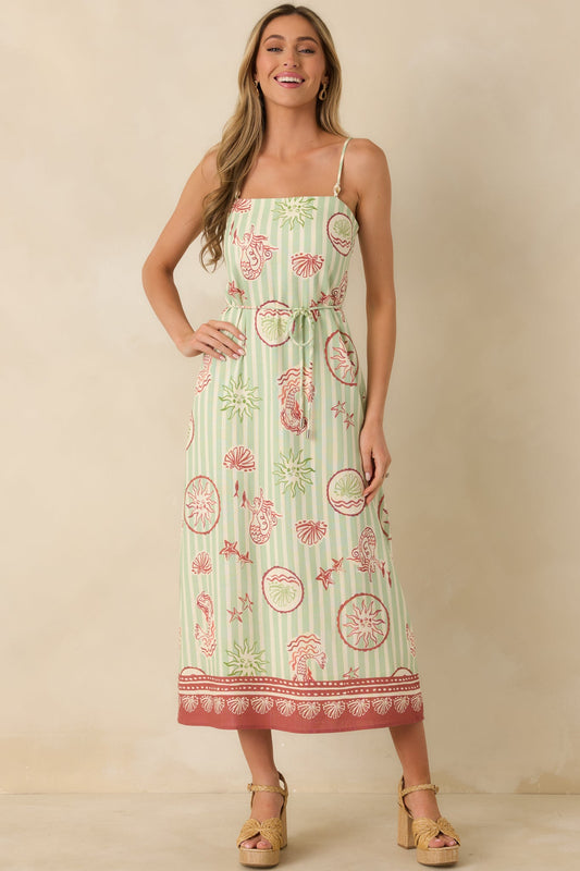 MINKPINK Soleil Green Stripe Linen Blend Tie-Waist Midi Dress