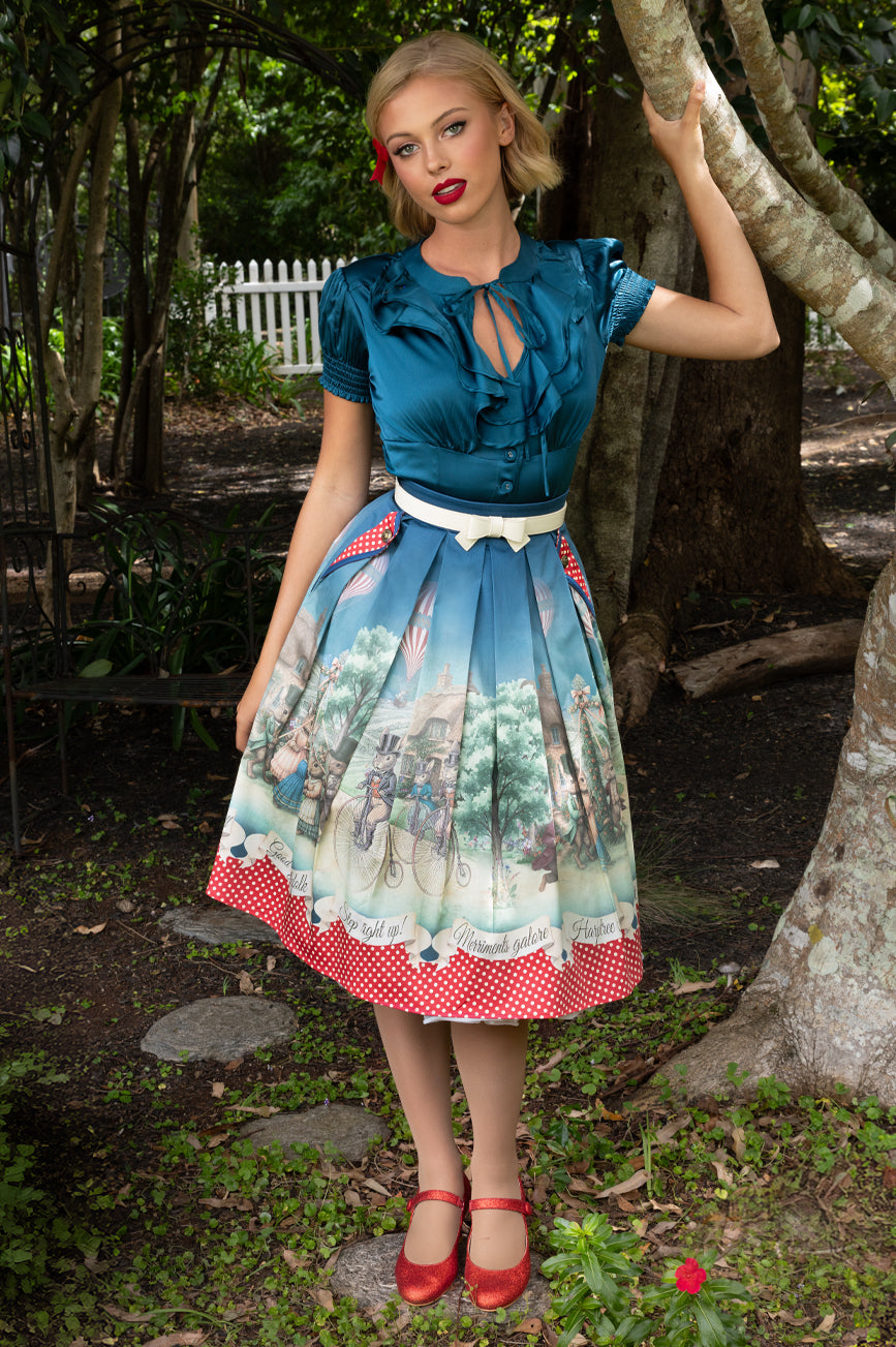 D'Amour Satin Frill Front Blouse (Teal Blue)