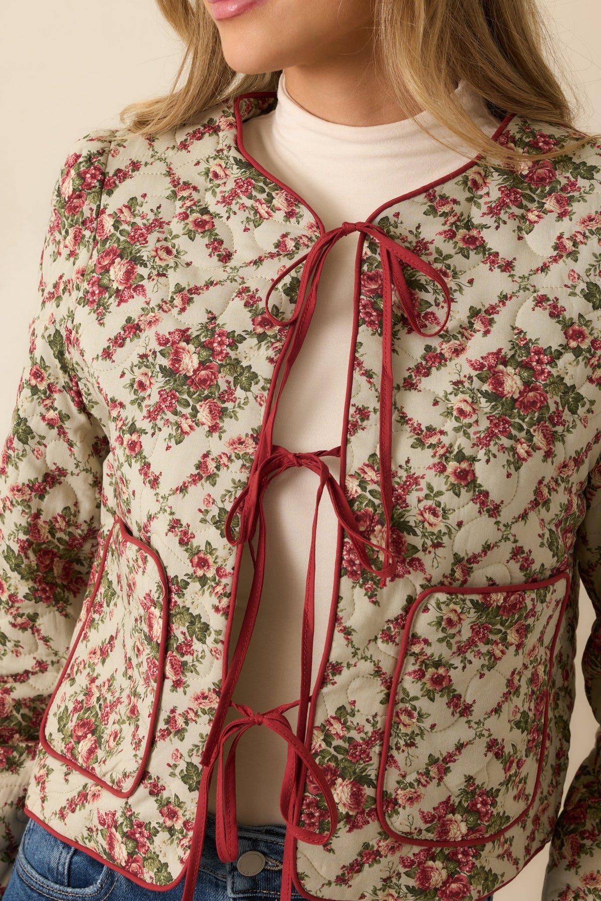 Winter Rose Ivory Multi Floral Pattern Tie Front Quilted Jacket