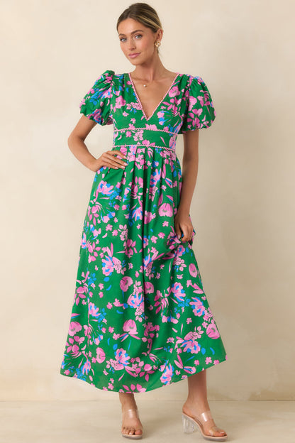 What a Dream Green Multi Floral Cotton Open Back Maxi Dress