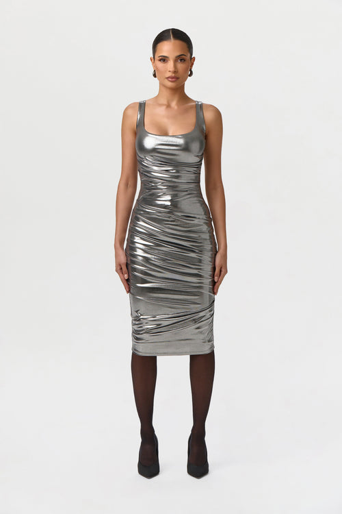 Foil Jersey Scoop Midi Dress