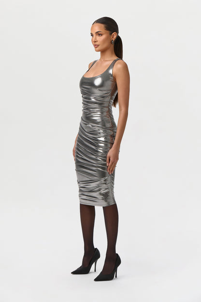 Foil Jersey Scoop Midi Dress