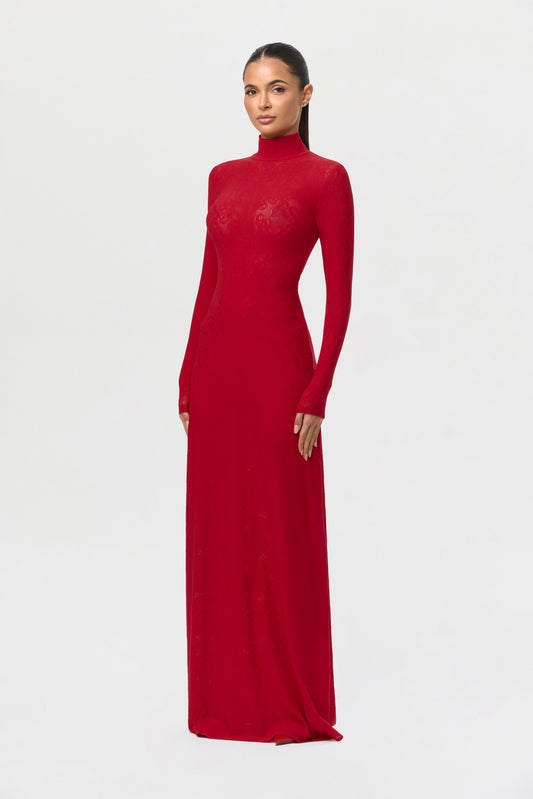 Stretch Lace Turtleneck Maxi Dress