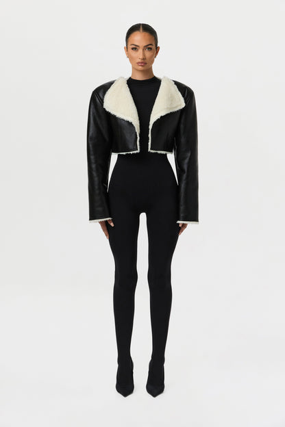 Vegan Leather Sherpa Cropped Jacket