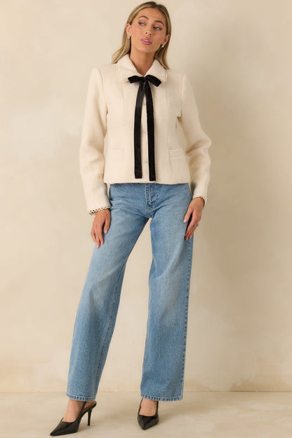 Held Together Natural Wool Blend Pearl Button & Velvet Tie Jacket