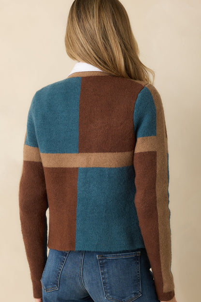 All About Now Brown and Teal Knit Color Block Cardigan Sweater