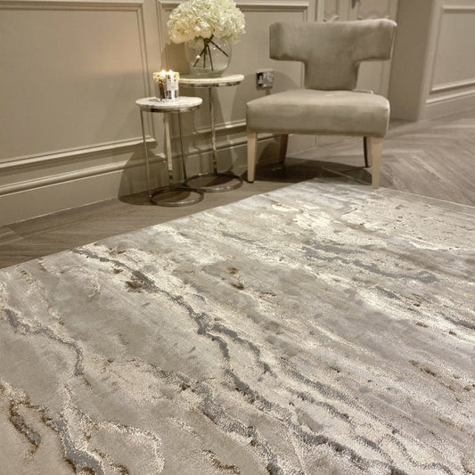 Astoria Cream & Metallic Gold Marble Velvet Rug Rug