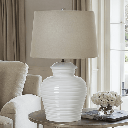 Burford Ceramic White Table Lamp with Taupe Linen Shade Lighting