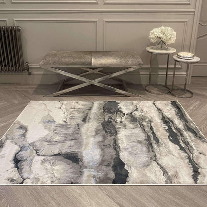 Glacial Cream & Grey Marble Wash Velvet Rug Rug