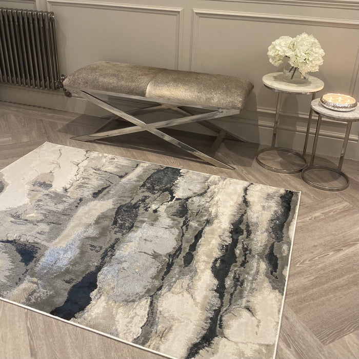 Glacial Cream & Grey Marble Wash Velvet Rug Rug