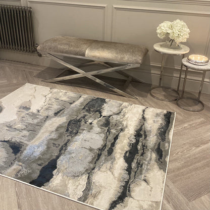 Glacial Cream & Grey Marble Wash Velvet Rug Rug