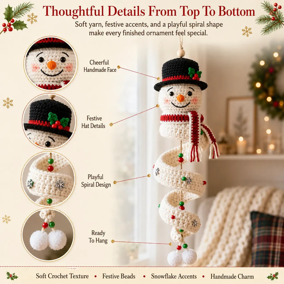 ☃️ Crochet Snowman Spiral Ornament DIY Kit – Beginner-Friendly Christmas Craft Set with Yarn, Crochet Hook & Festive Decorations