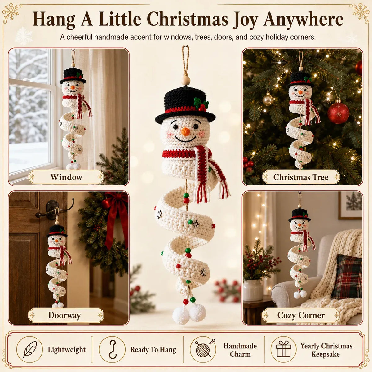 ☃️ Crochet Snowman Spiral Ornament DIY Kit – Beginner-Friendly Christmas Craft Set with Yarn, Crochet Hook & Festive Decorations