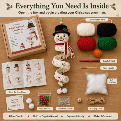 ☃️ Crochet Snowman Spiral Ornament DIY Kit – Beginner-Friendly Christmas Craft Set with Yarn, Crochet Hook & Festive Decorations