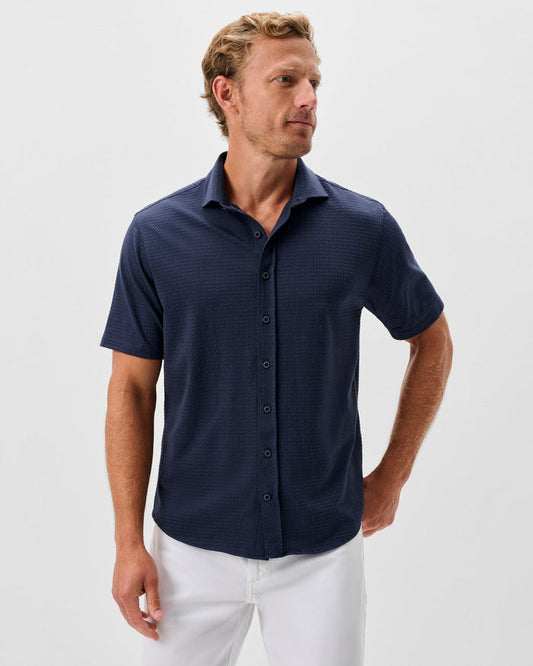Johnnie-O Men's Surfsucker Stretch Knit Short Sleeve Button Down Shirt Apparel Johnnie-O Lake Small
