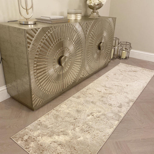 Jupiter Light Gold & Cream Metallic Marble Velvet Runner Rug